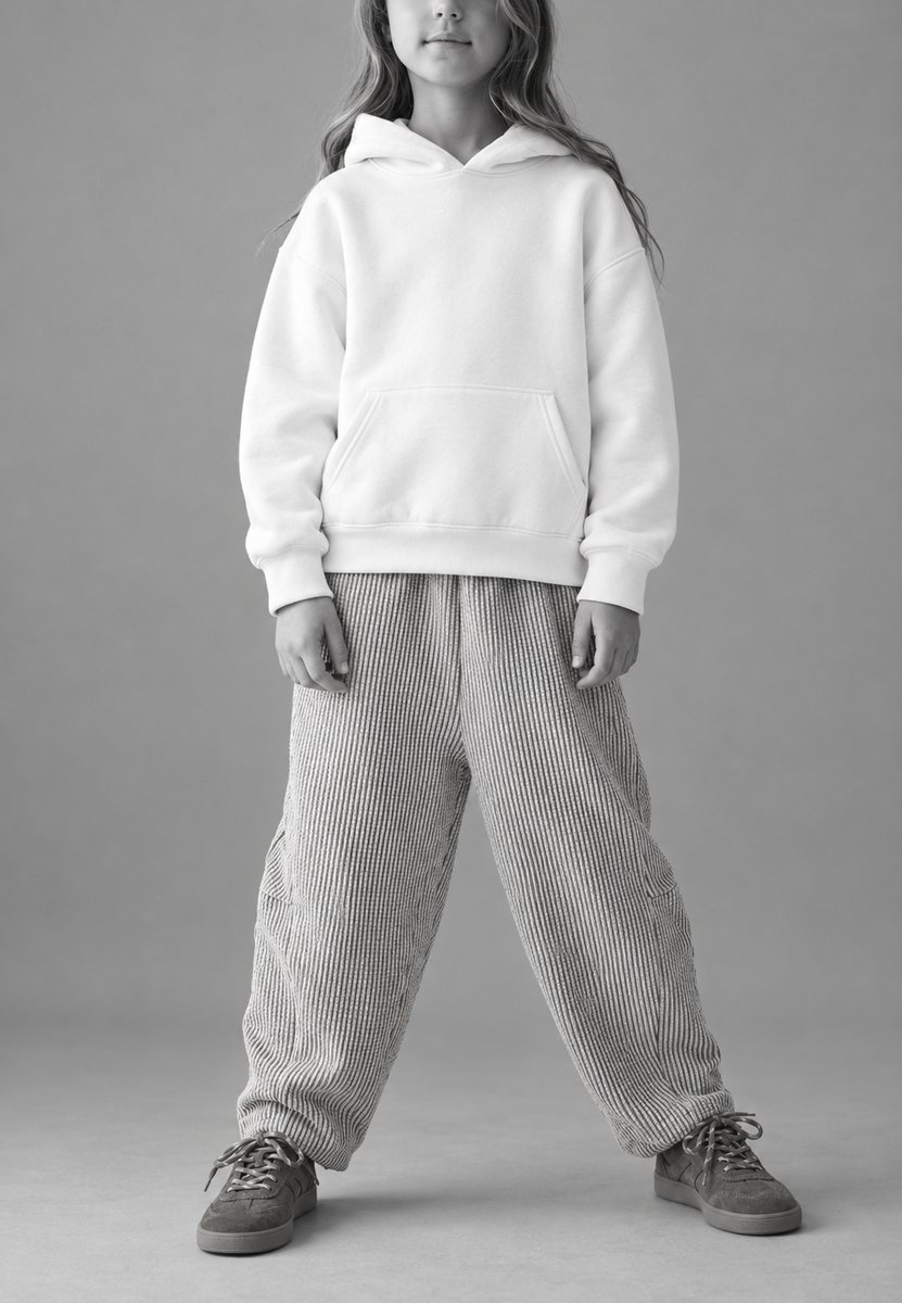 Child wearing a plain white kids pullover hoodie, ready to be printed with your own creation